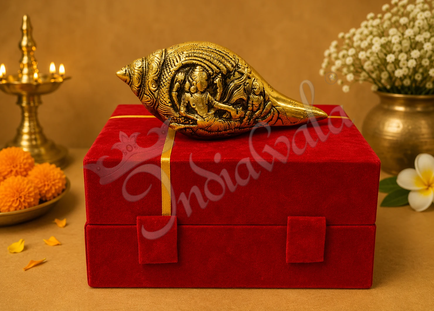 A beautifully crafted 6 inch brass gold plated gifting shankh with velvet box