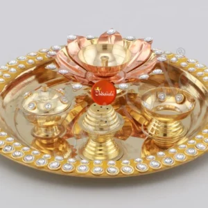 9 Inch Gold Plated Brass Pooja Thali in Velvet Box