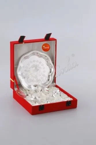INW-238-1 8 Inch Silver Plated Brass Pooja Plate in an elegant velvet box