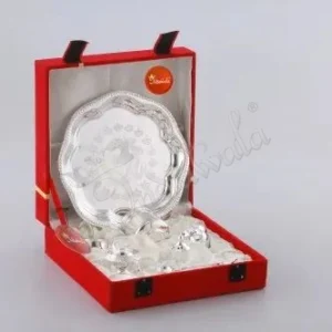 8 Inch Silver Plated Brass Pooja Plate in an elegant velvet box