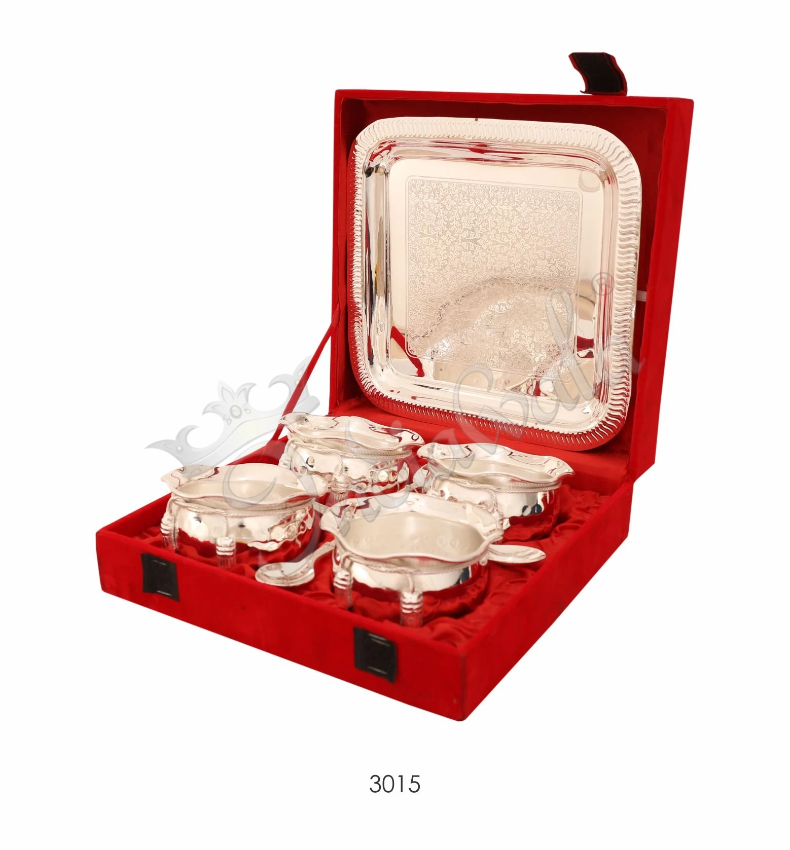 INW-3015 Silver Plated Brass Tai Bowl Set with Steel Tray in a premium velvet box