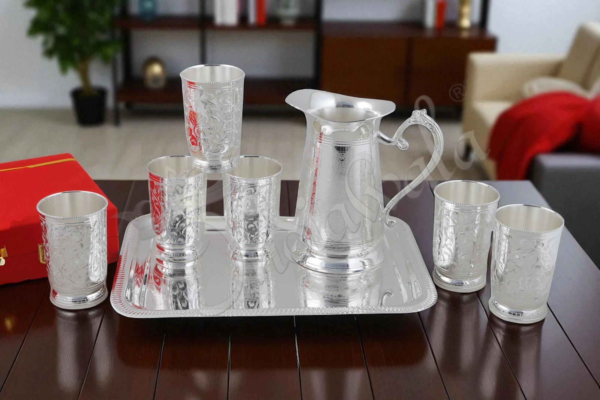 A beautiful Silver Plated Brass Jug and Glass Set for Gifting, displayed elegantly on a tray.