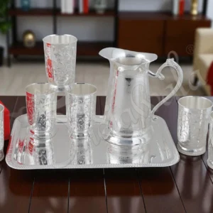 A beautiful Silver Plated Brass Jug and Glass Set for Gifting, displayed elegantly on a tray.