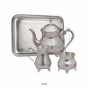 Silver Plated Brass Tea Kettle Set with Tray in velvet box packaging