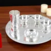 Elegant Silver Plated Brass Thal Set with tray, glass, bowl, and spoon in a velvet box