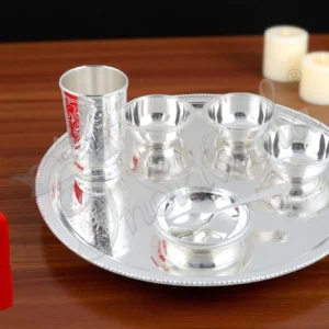 Elegant Silver Plated Brass Thal Set with tray, glass, bowl, and spoon in a velvet box