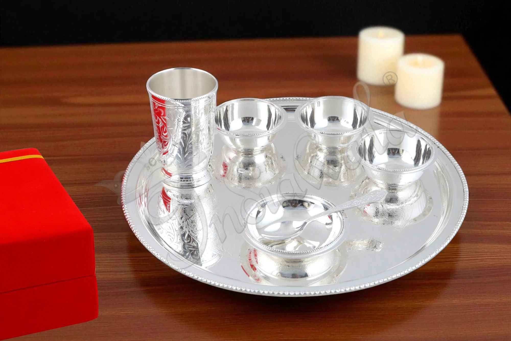 INW-4042-1 Elegant Silver Plated Brass Thal Set with tray, glass, bowl, and spoon in a velvet box