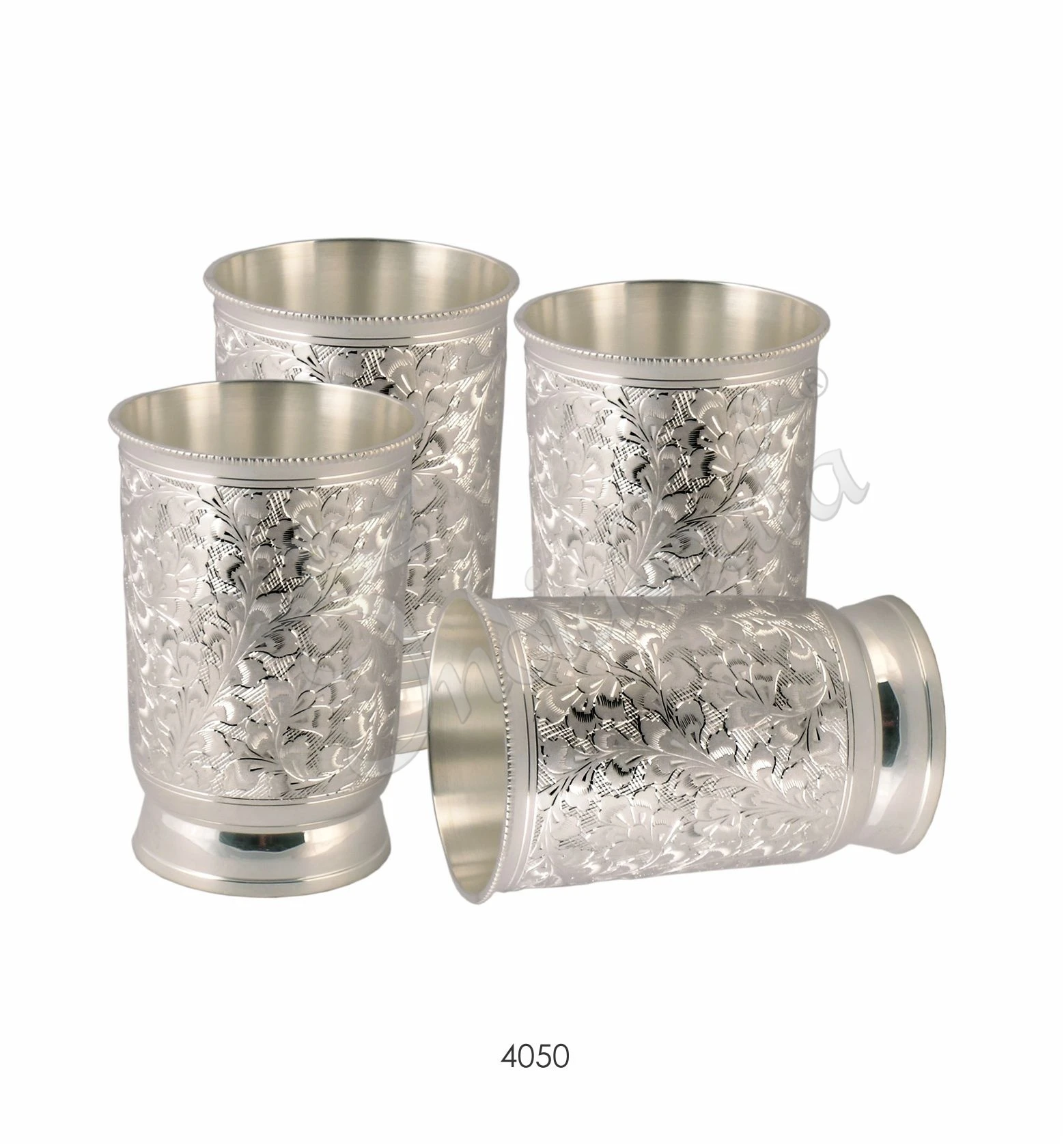 INW-4050-2 Elegant 4.25 inch silver plated brass glass set of 4 in a premium blue velvet box