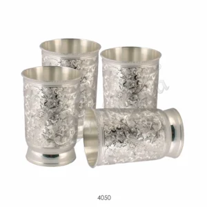 Elegant 4.25 inch silver plated brass glass set of 4 in a premium blue velvet box