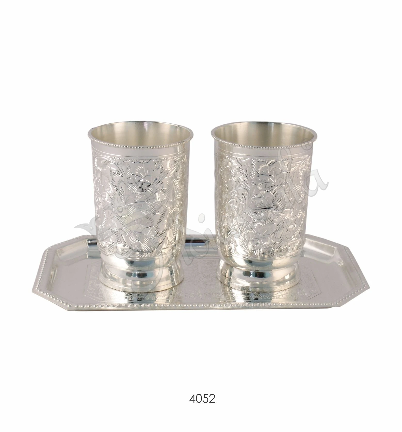 INW-4052-1 Elegant Silver Plated Brass Glass Set with matching tray in a velvet box