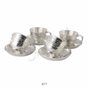 Silver Plated Brass Cup Saucer Set of 4 in a luxury velvet box