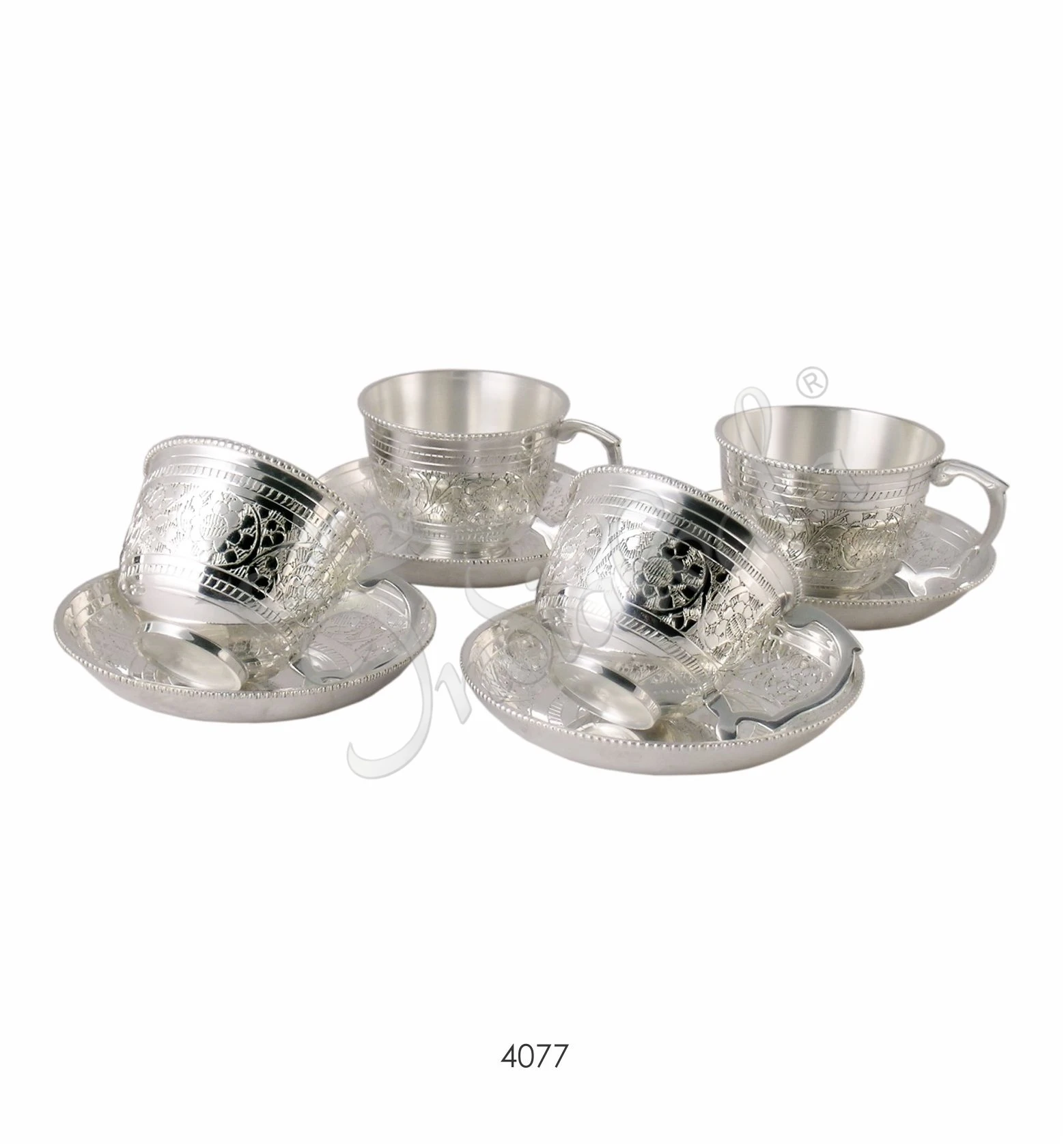 INW-4077-2 Silver Plated Brass Cup Saucer Set of 4 in a luxury velvet box