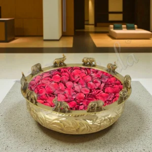 A beautiful 8 inch Gold Plated Brass Decorative Urli Bowl for festive home decor.