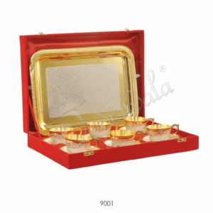 Dual Tone Brass Cup Plate Set of 6 with matching tray in a velvet box