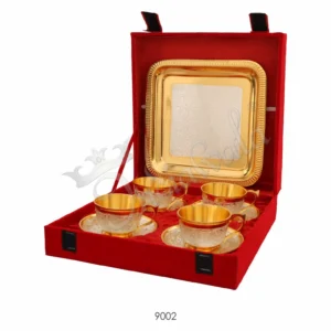 Dual Tone Brass Cup Plate Set of 4 with matching tray in a premium velvet box