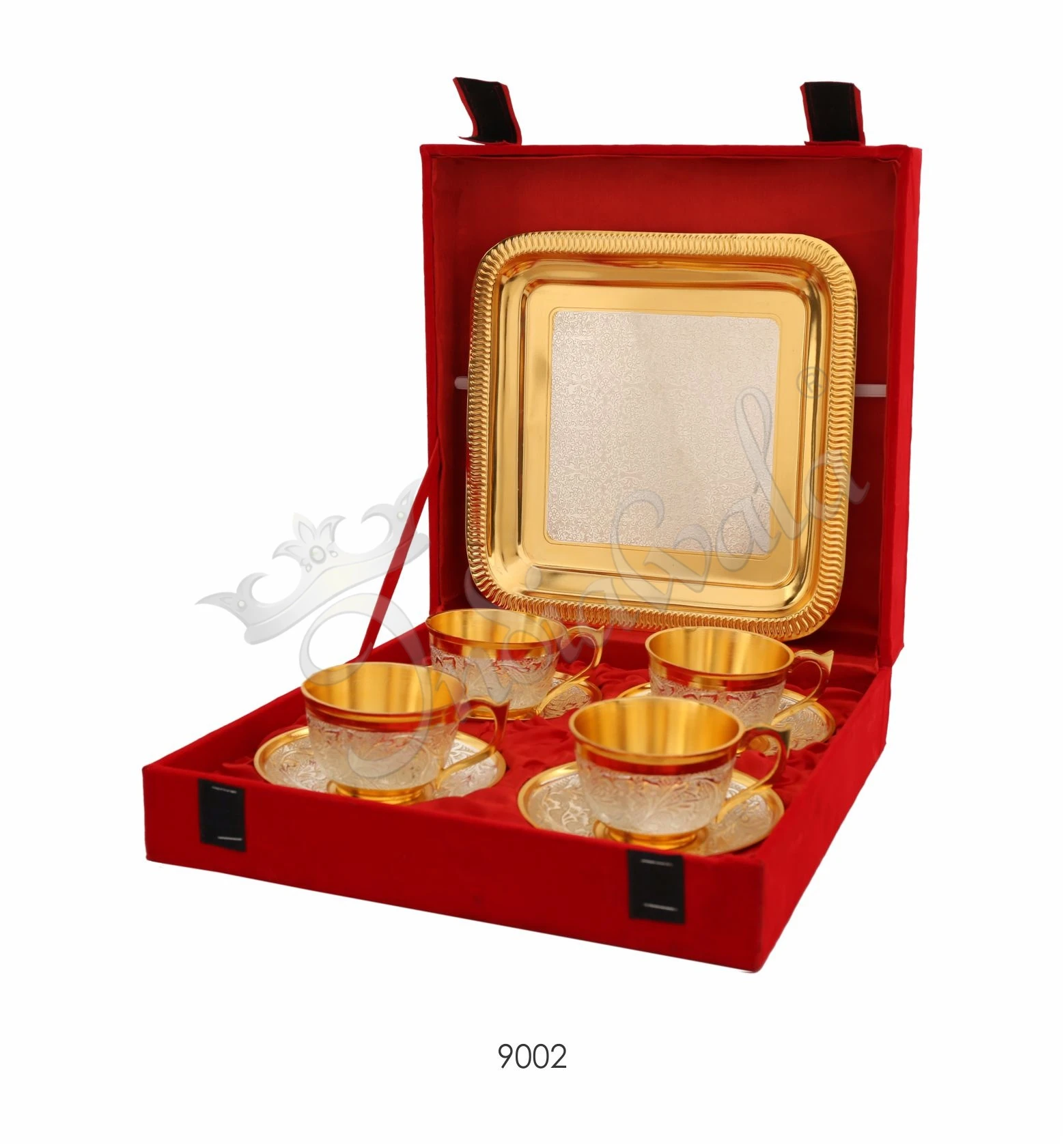INW-9002 Dual Tone Brass Cup Plate Set of 4 with matching tray in a premium velvet box