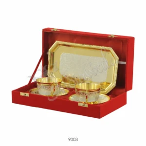 Dual Tone Brass Cup Plate Set with Tray in a premium velvet box