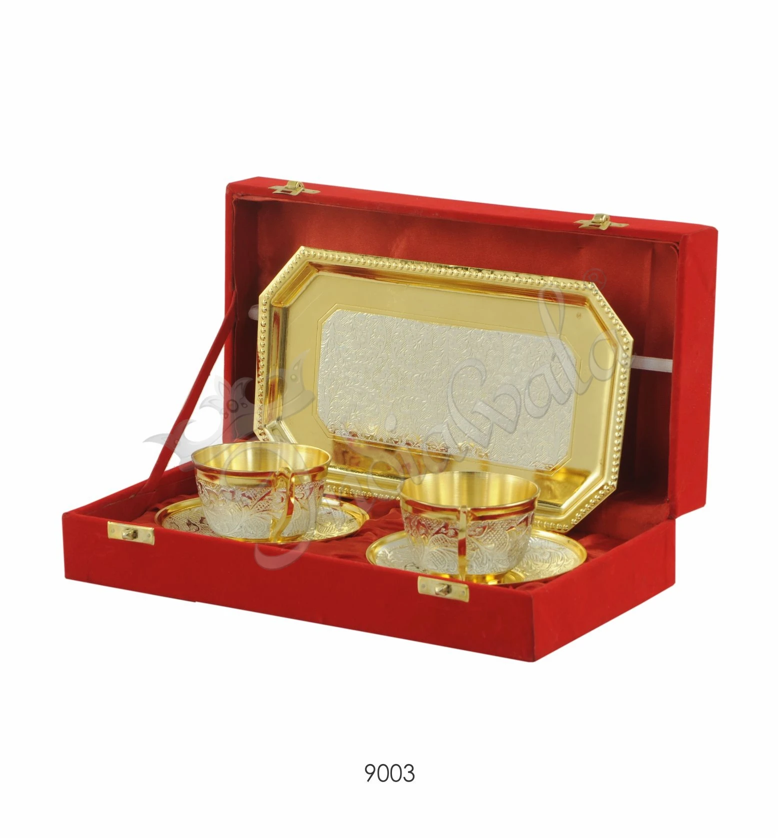 Dual Tone Brass Cup Plate Set with Tray in a premium velvet box