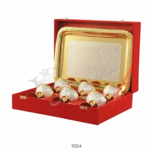 Dual tone brass 6 bowl dessert set with tray in an elegant velvet box