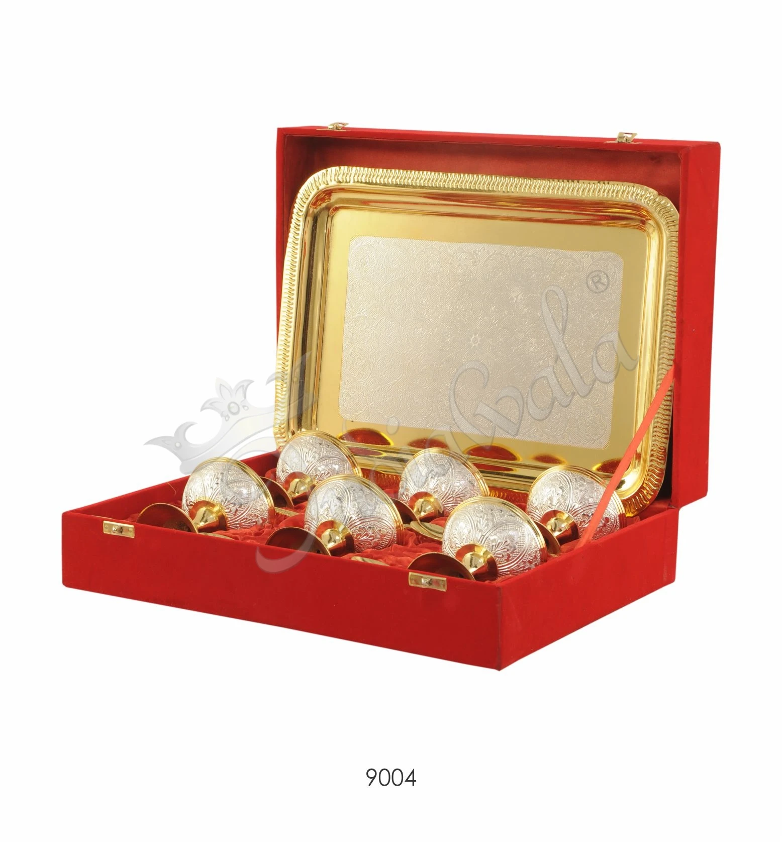 Dual tone brass 6 bowl dessert set with tray in an elegant velvet box