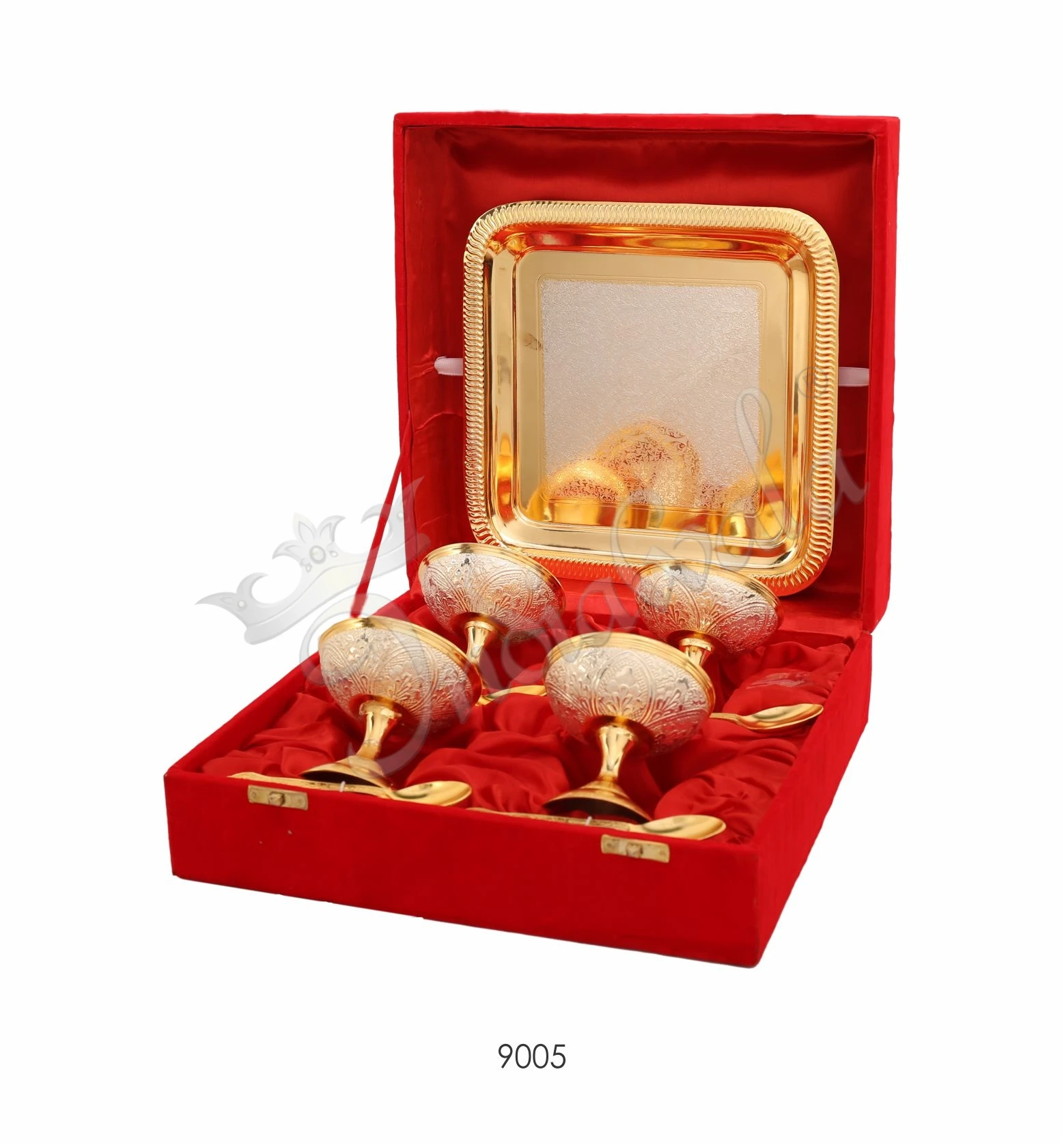 Dual Tone Brass 4 Bowl Dessert Set with Tray in a premium velvet box
