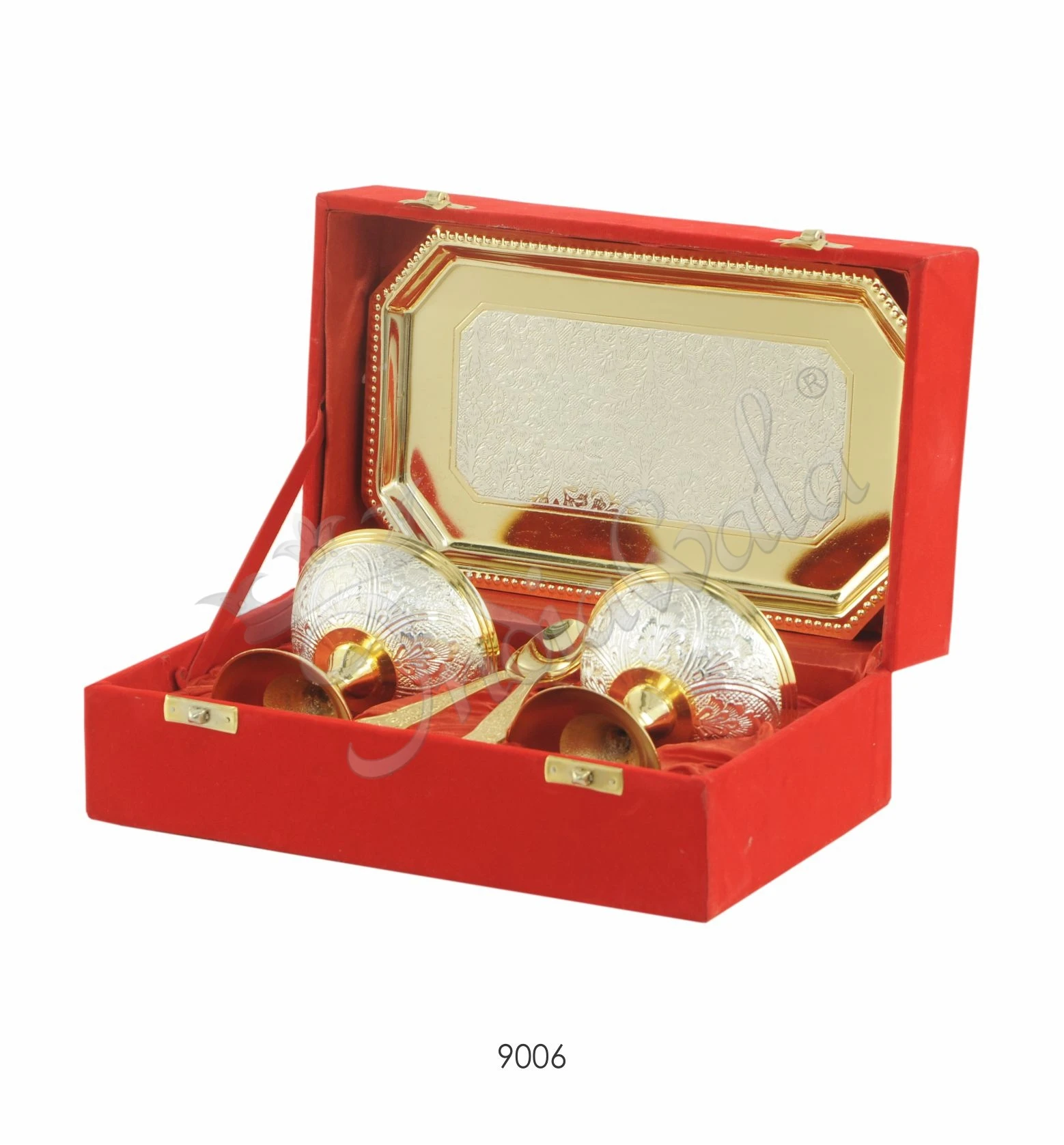 Dual Tone Brass Dessert Bowl Set with velvet box packaging