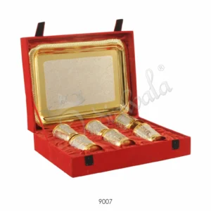 Exquisite brass dual tone glass set with a matching rectangular tray in a velvet box