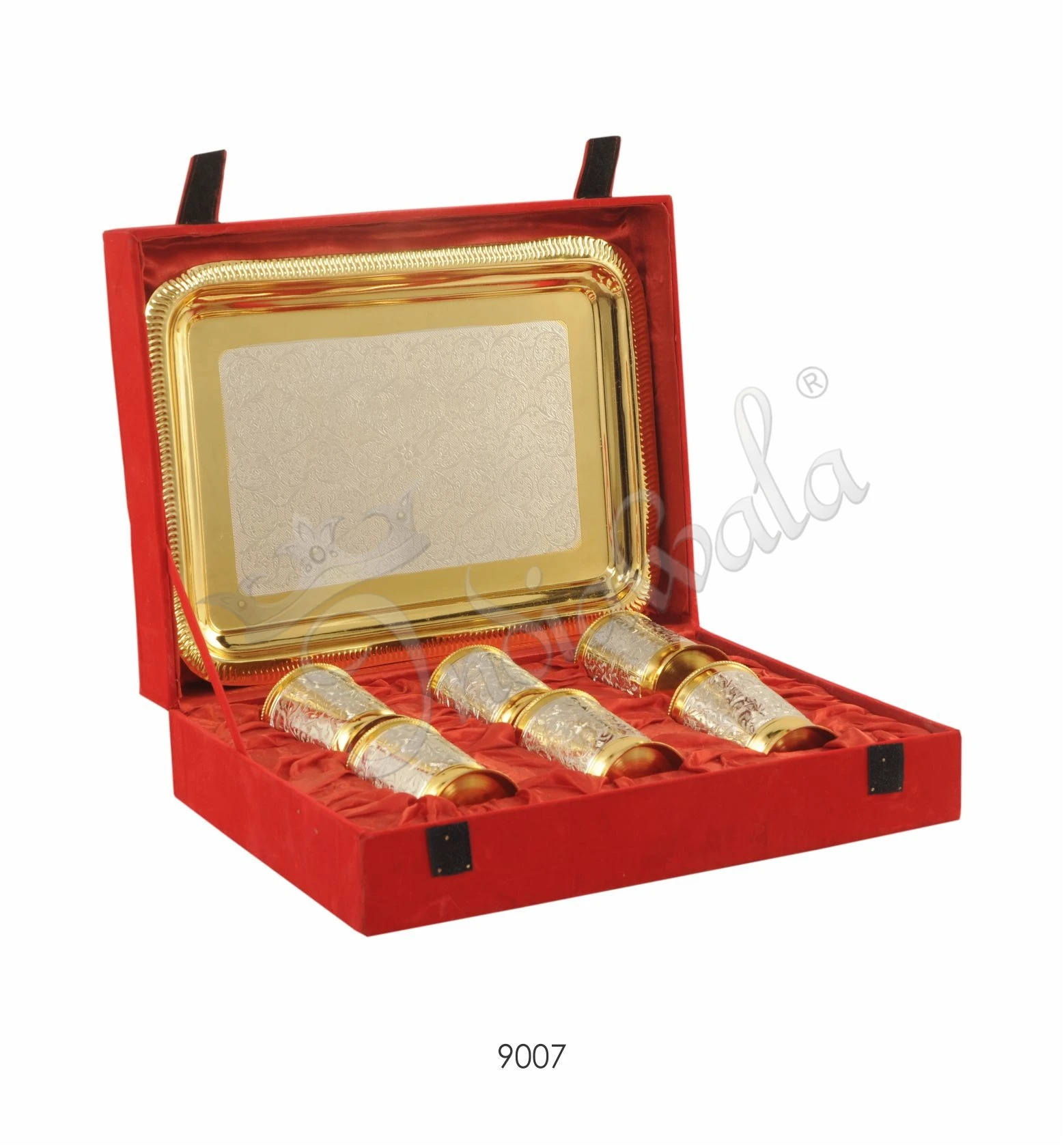 INW-9007 Exquisite brass dual tone glass set with a matching rectangular tray in a velvet box