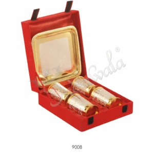 Dual Tone Brass Glass Set with Square Tray in a premium red velvet box