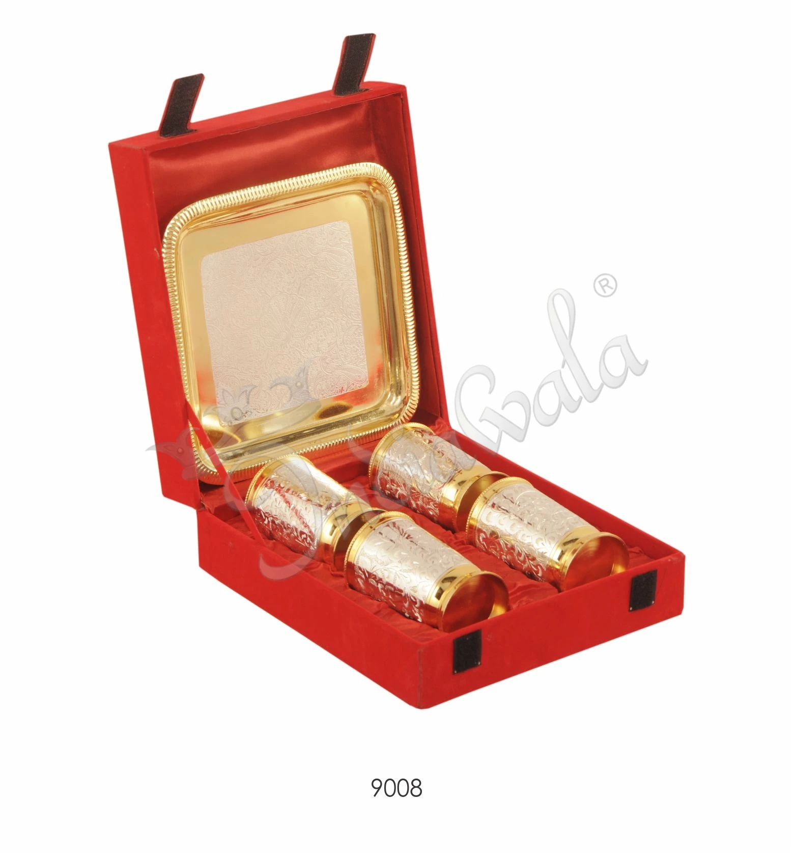 Dual Tone Brass Glass Set with Square Tray in a premium red velvet box
