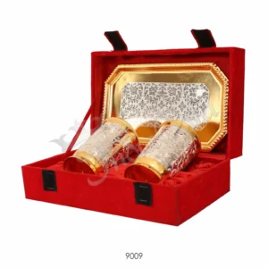 Elegant Dual Tone Brass Glass Set with Tray in a premium velvet box