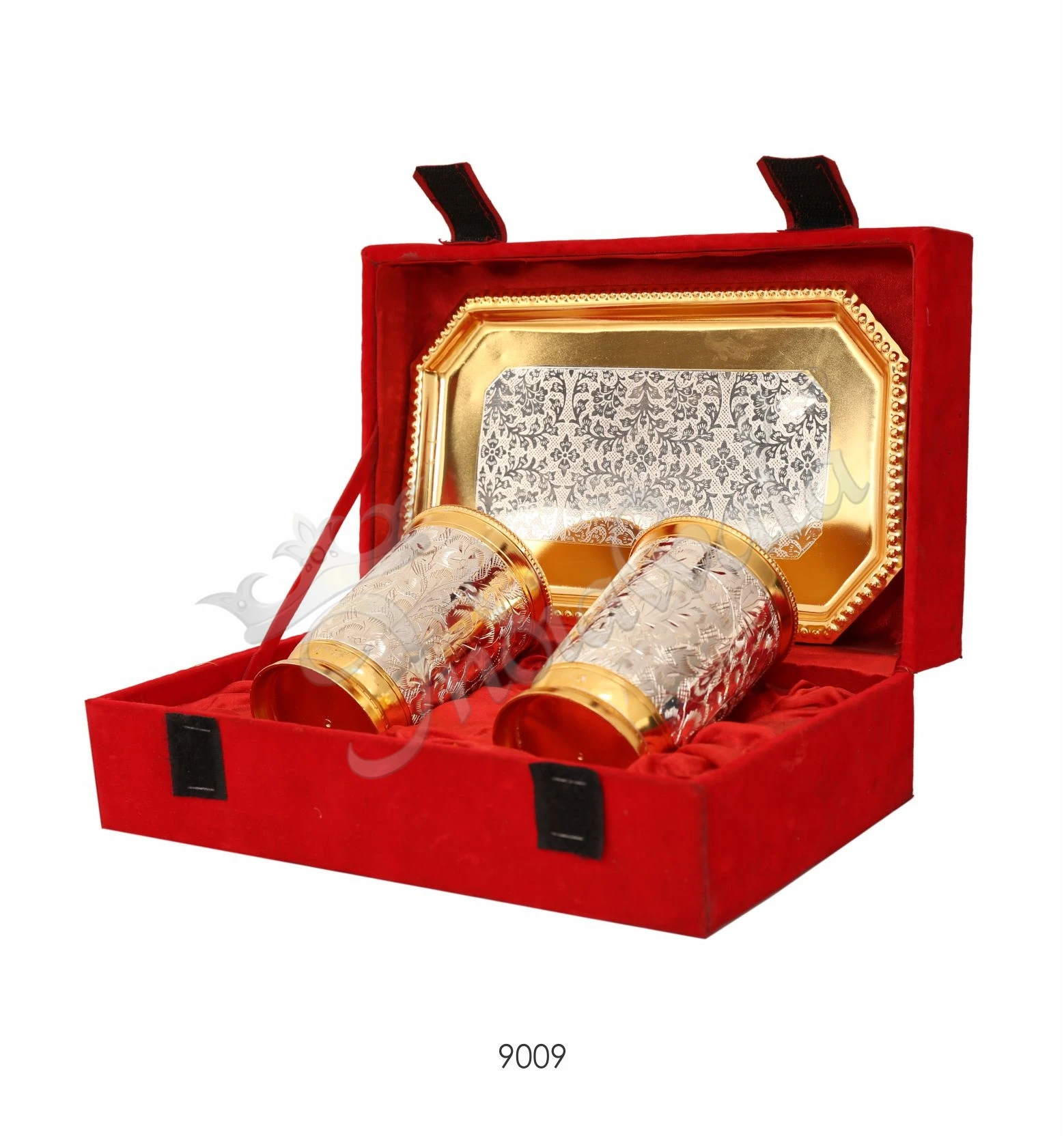 INW-9009 Elegant Dual Tone Brass Glass Set with Tray in a premium velvet box