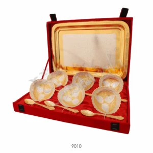 Elegant brass dual tone 3d bowl set with steel tray in a velvet box
