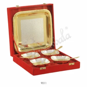 Dual tone brass 3d bowl set of 4 with steel tray in a luxury velvet box