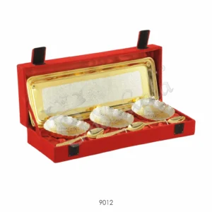Premium 4 inch dual tone brass 3d bowl set of 3 with steel tray and velvet box packaging