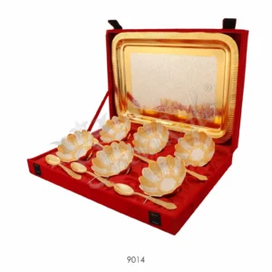 Dual Tone Brass Lotus Bowl Set of 6 with steel tray in a velvet box