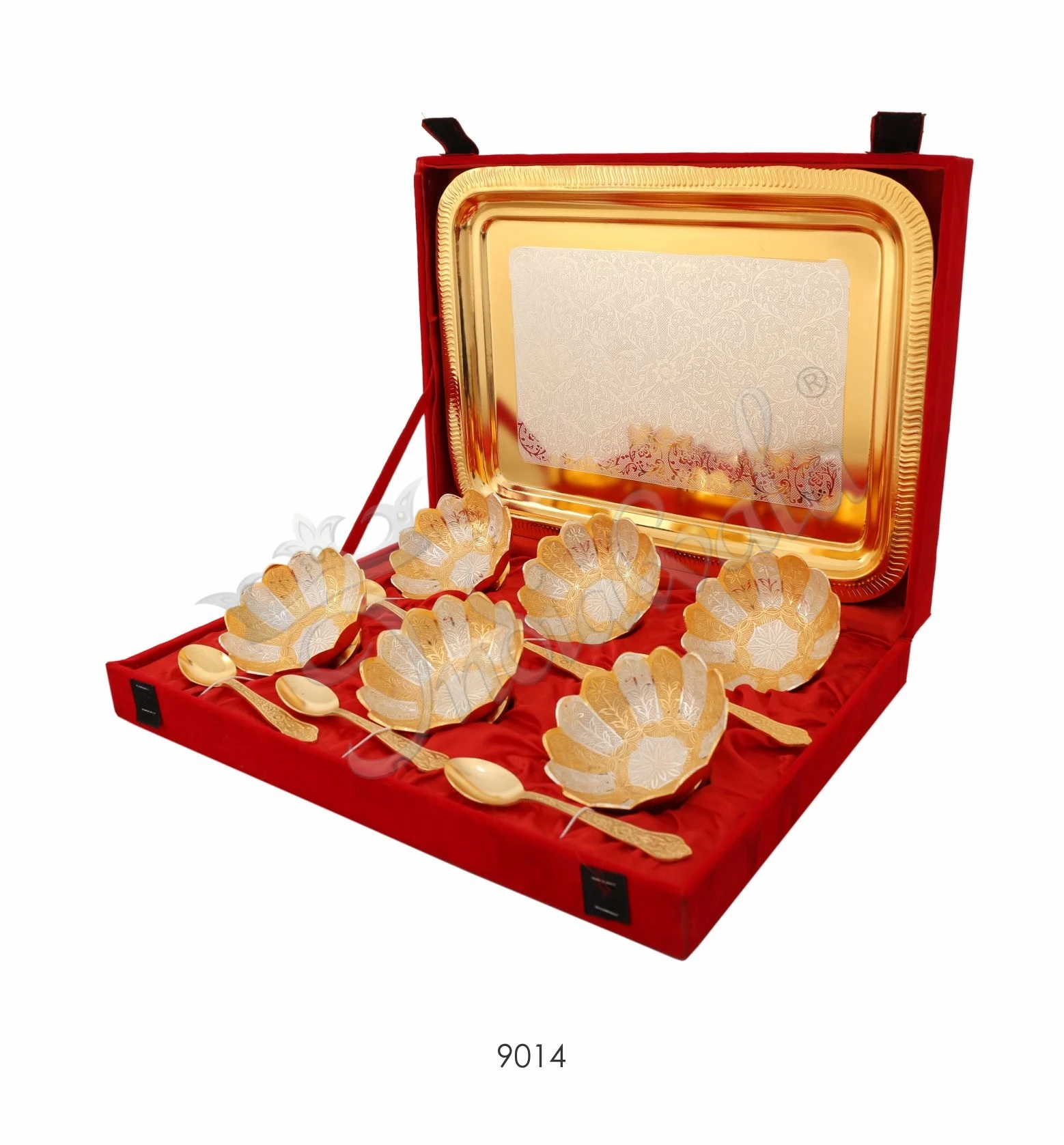 Dual Tone Brass Lotus Bowl Set of 6 with steel tray in a velvet box