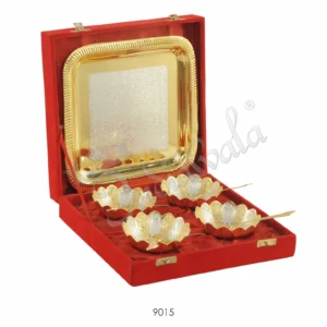 Dual Tone Brass Lotus Bowl Set with Steel Tray in a premium velvet box
