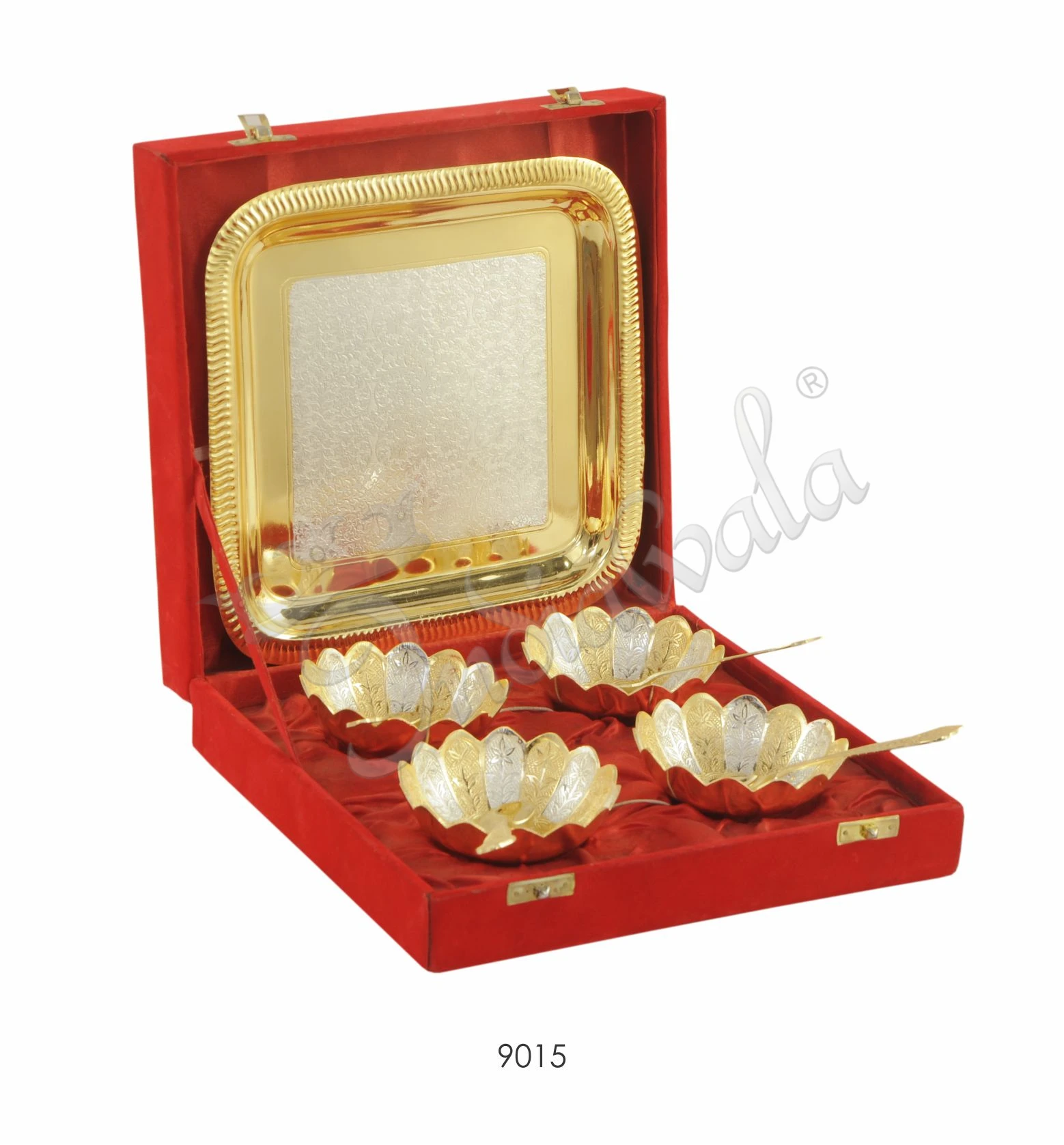 INW-9015 Dual Tone Brass Lotus Bowl Set with Steel Tray in a premium velvet box