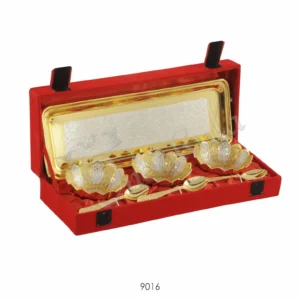 Dual Tone Brass Lotus Bowl Set of 3 with steel tray in a velvet box