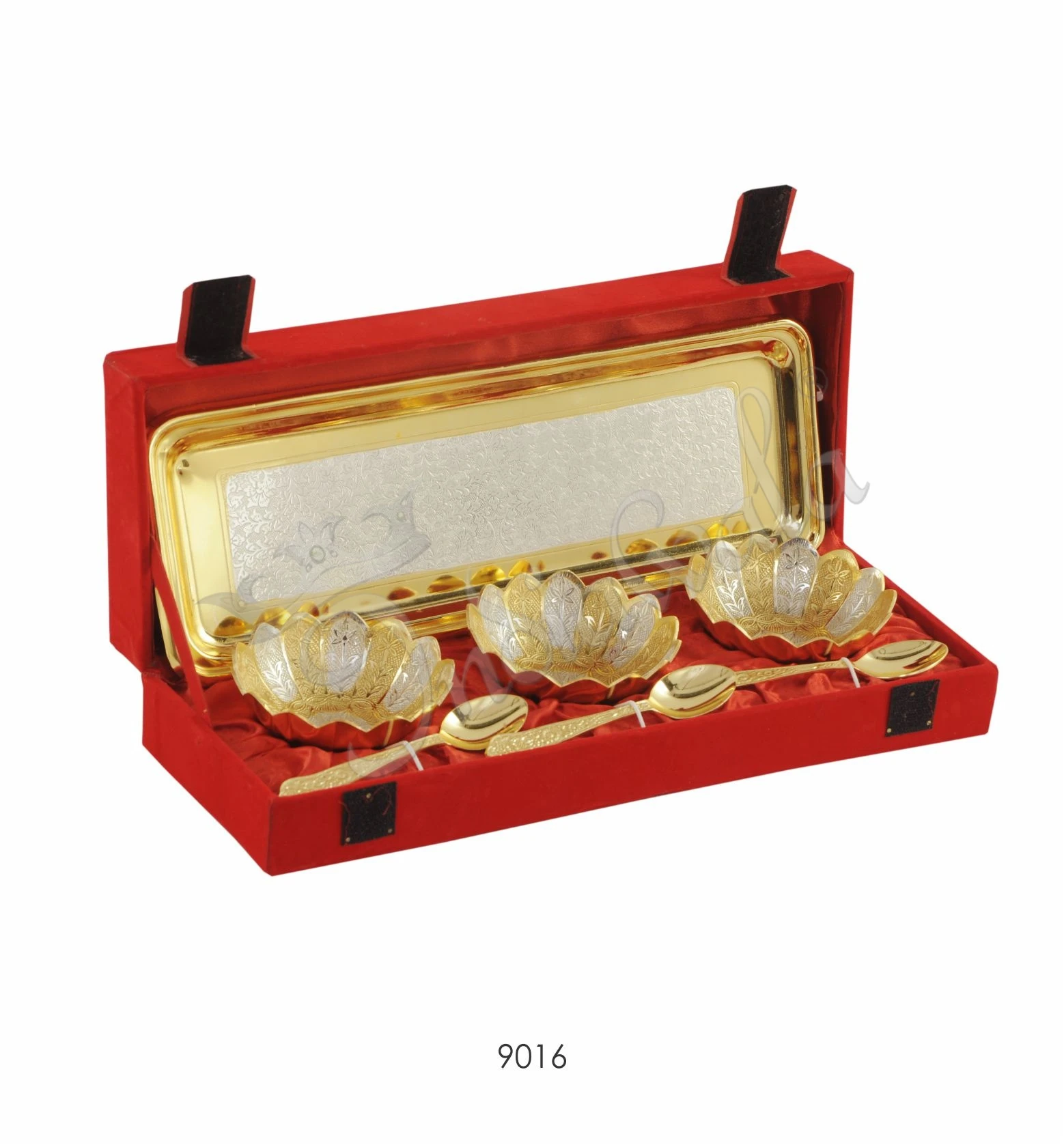 Dual Tone Brass Lotus Bowl Set of 3 with steel tray in a velvet box