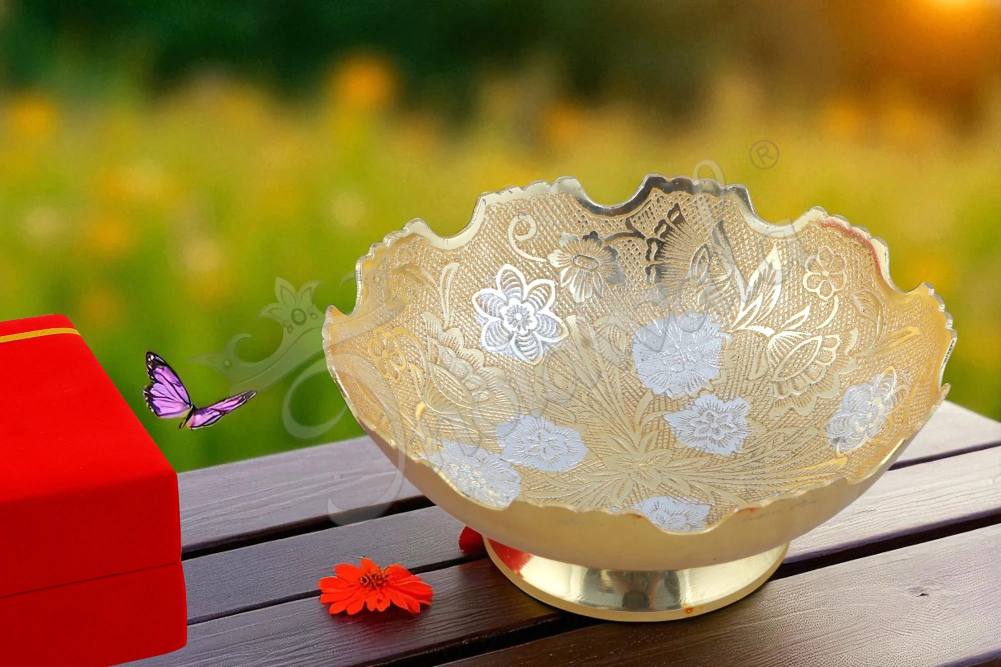 A beautiful 6 Inch Dual Tone Brass Flower Gifting Bowl with silver and gold finish.