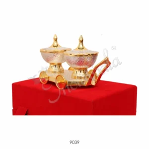 An 8 Inch Dual Tone Brass Trolley Bowl Set with silver and gold finish, presented in a velvet box.