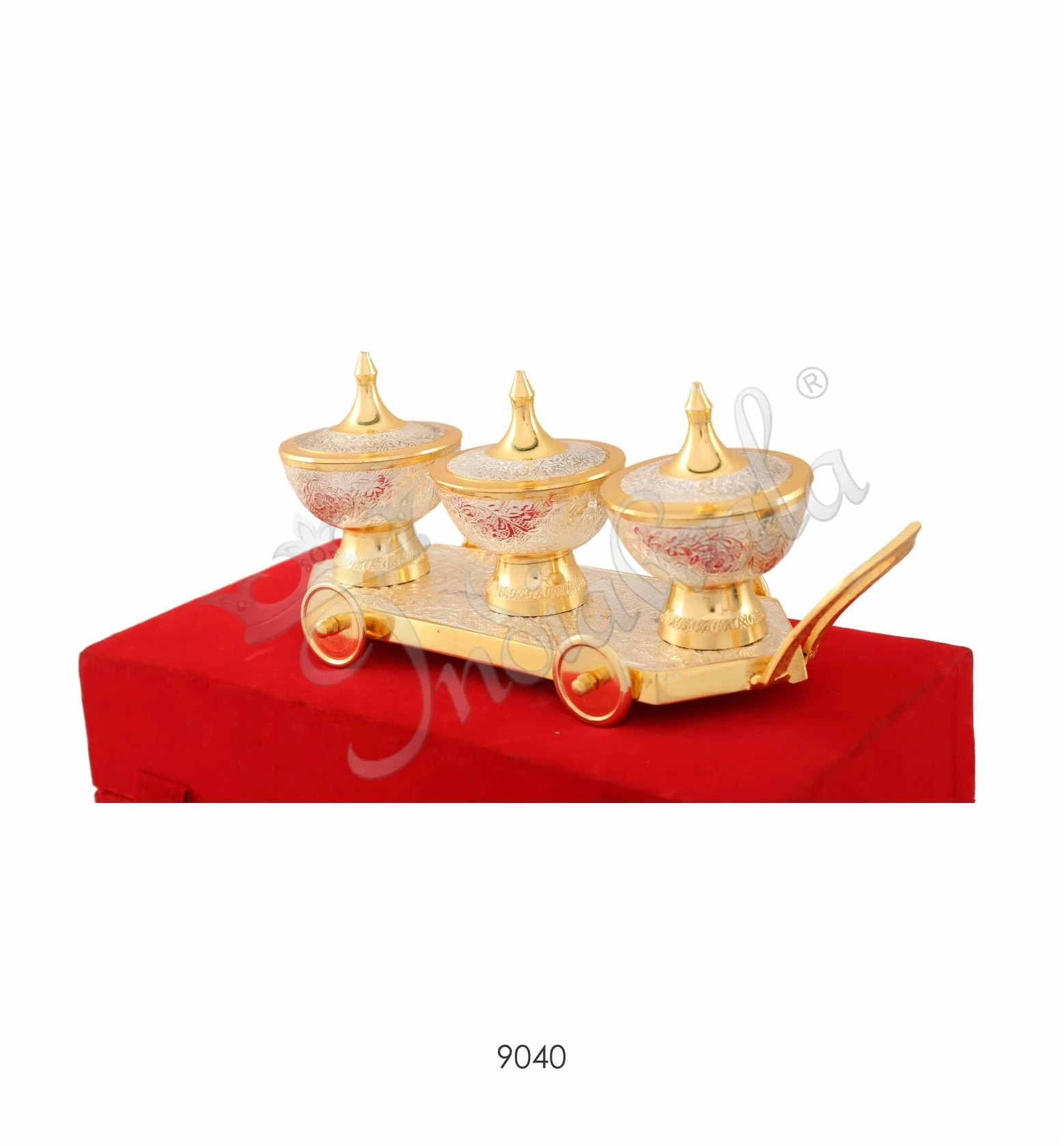 Dual Tone Brass Trolley Set of 3 Bowls in a premium velvet box packaging