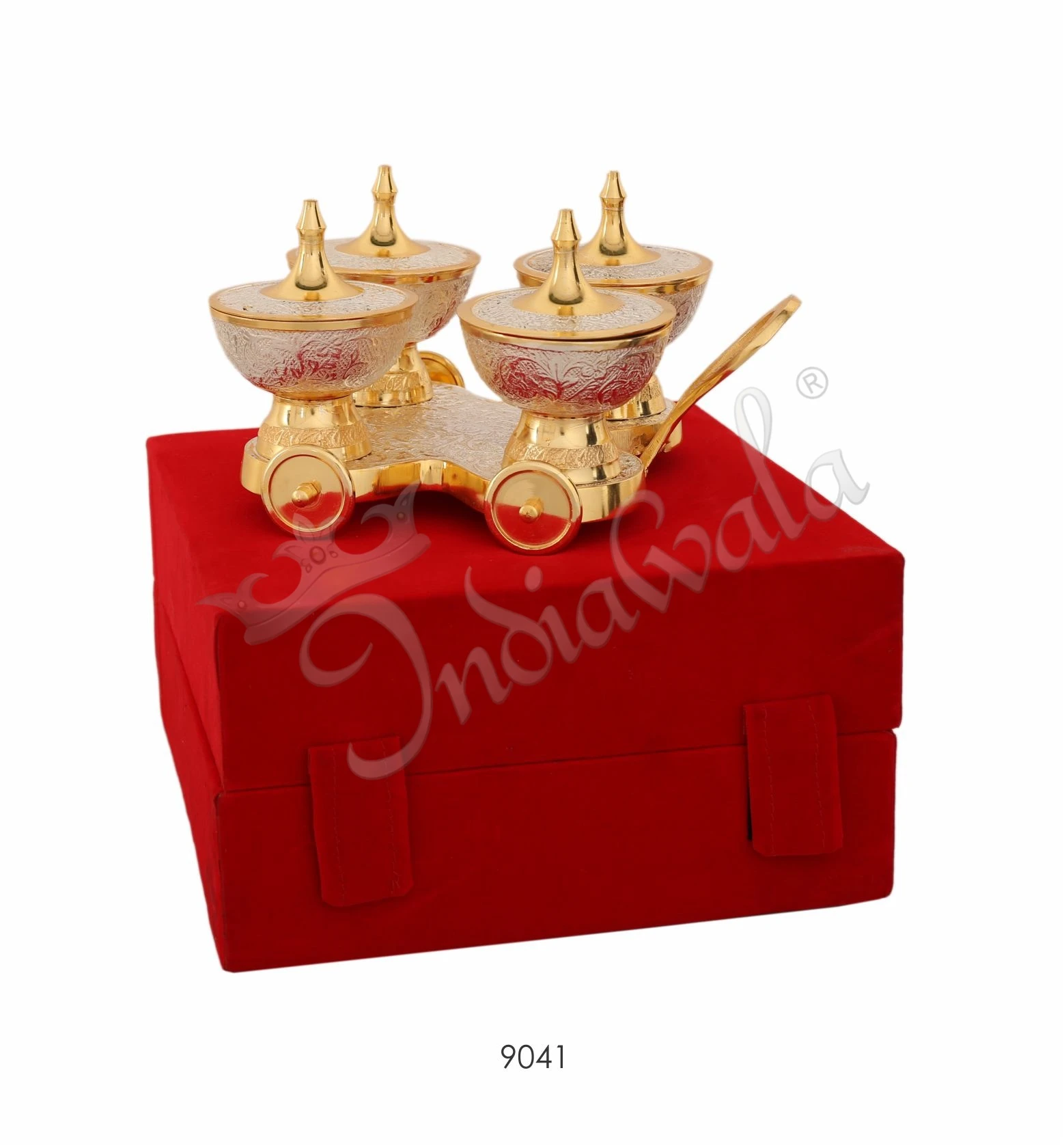 Dual Tone Brass Four Bowl Trolley Set in a premium velvet box