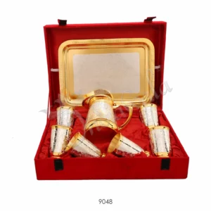 An elegant Dual Tone Brass Jug Glass Set with a silver and gold finish, presented in a velvet box.