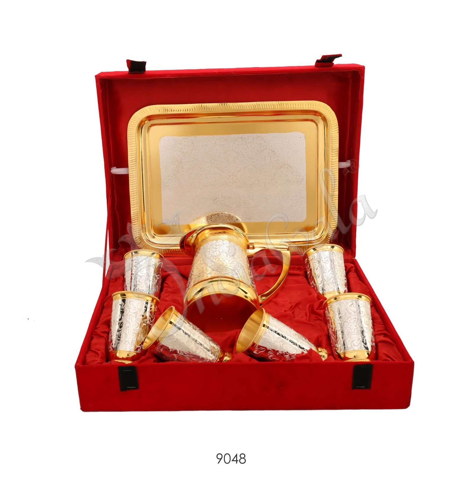 INW-9048 An elegant Dual Tone Brass Jug Glass Set with a silver and gold finish, presented in a velvet box.
