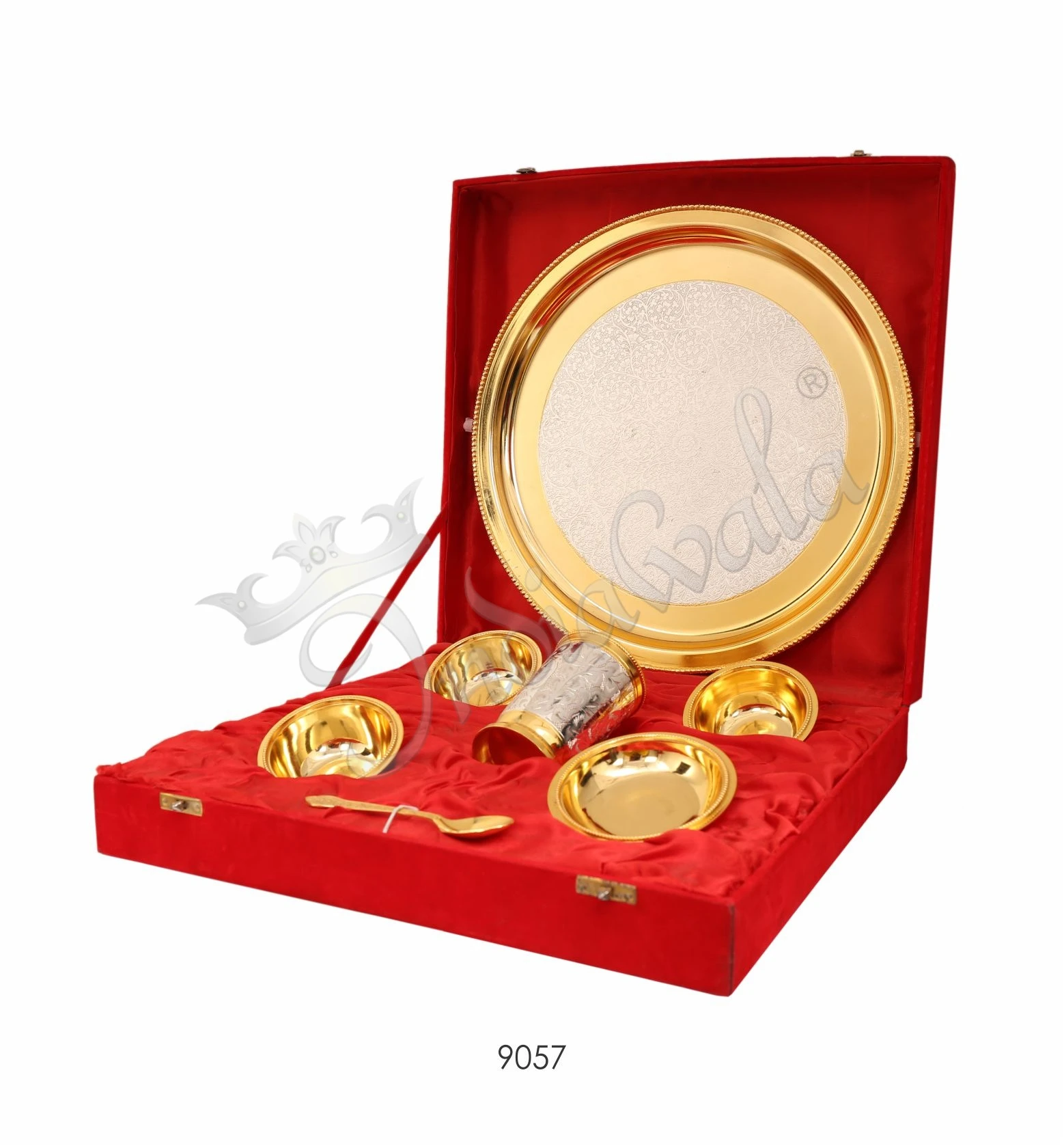 INW-9057 Dual Tone Brass Thal Gift Set in a premium velvet box