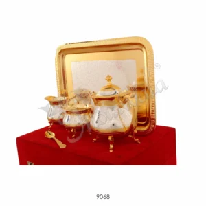 A beautifully crafted Dual Tone Brass Tea Kettle Set with Tray, showcasing its elegant design.