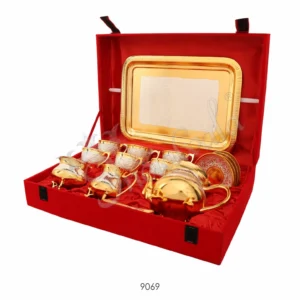 Elegant Dual Tone Brass Tea Set with Tray in a premium velvet box